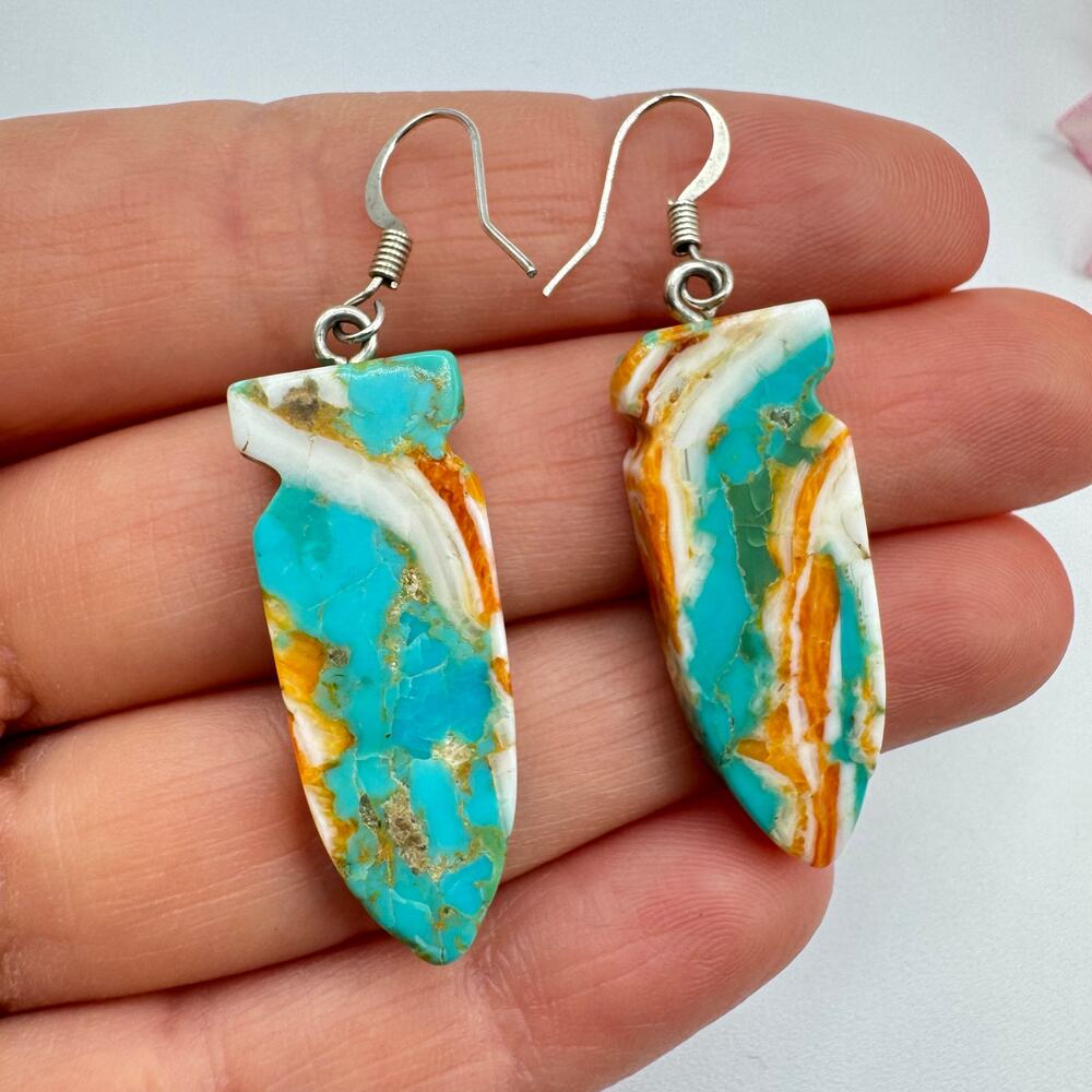Turquoise Spiny Oyster Shell Carved Arrowhead Composite Slab Earrings Southwest - Picture 7 of 12